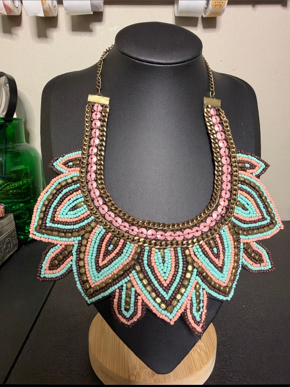 Boho Beaded Statement Necklace - Pink & Turquoise
